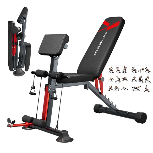 Black and red foldable weight bench with adjustable incline, padded seat and backrest, and attached resistance bands.