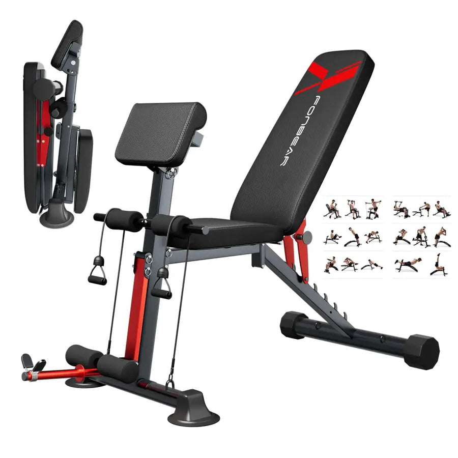 Black and red foldable weight bench with adjustable incline, padded seat and backrest, and attached resistance bands.
