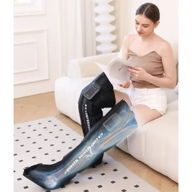 Blue and black air compression massage leg sleeves with a sleek, modern design.