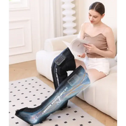 Blue and black air compression massage leg sleeves with a sleek, modern design.