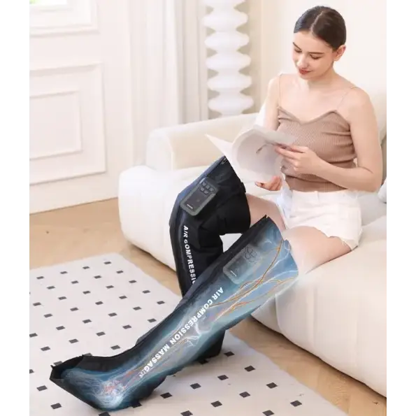 Blue and black air compression massage leg sleeves with a sleek, modern design.