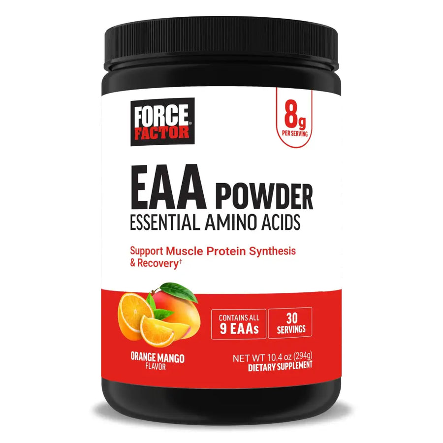 Black plastic container of force factor eaa powder with a white and red label featuring orange mango flavor imagery.