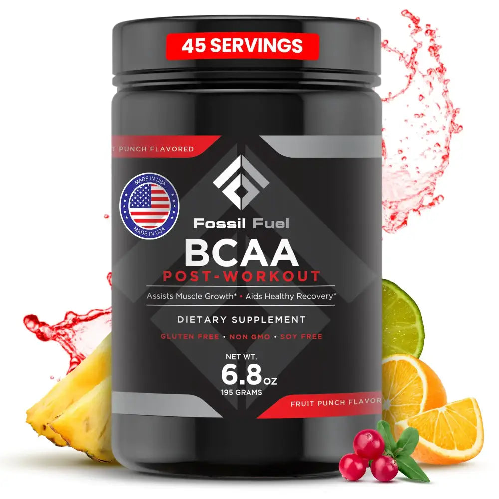 Black cylindrical container of fossil fuel bcaa post-workout dietary supplement in fruit punch flavor.
