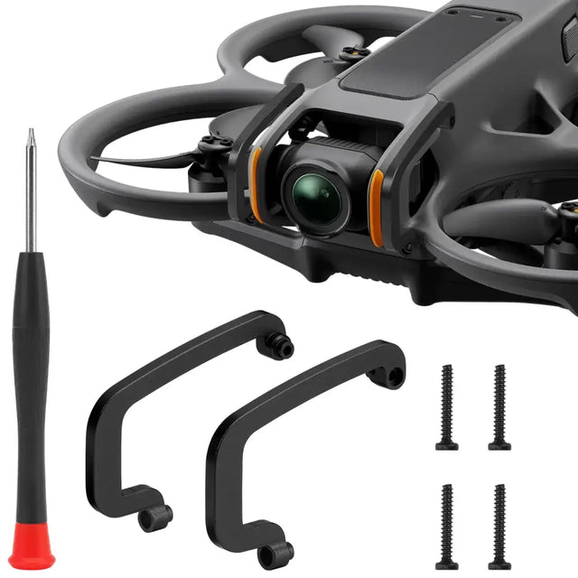 Black and orange drone with a camera mounted on its front, featuring protective frame arms and included accessories for assembly.