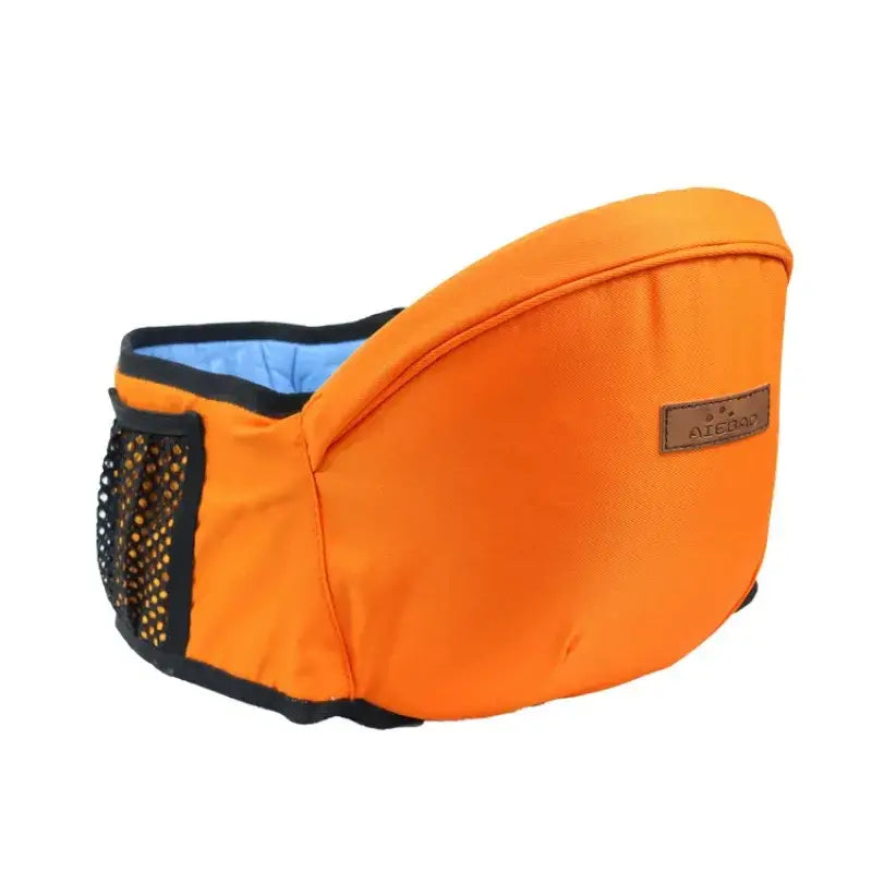 Bright orange baby carrier with black trim, mesh side pocket and blue interior lining.