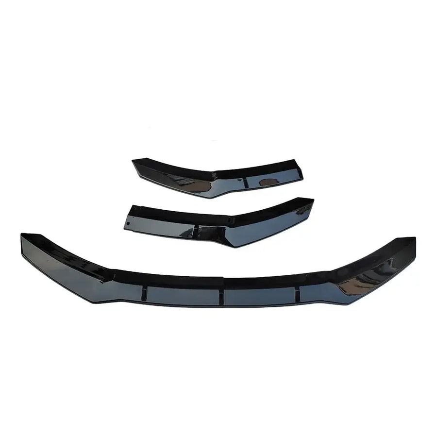 Set of three glossy black automotive front bumper lip strips.