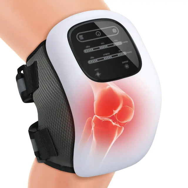 White and black knee massager with a digital control panel and mesh fabric straps.