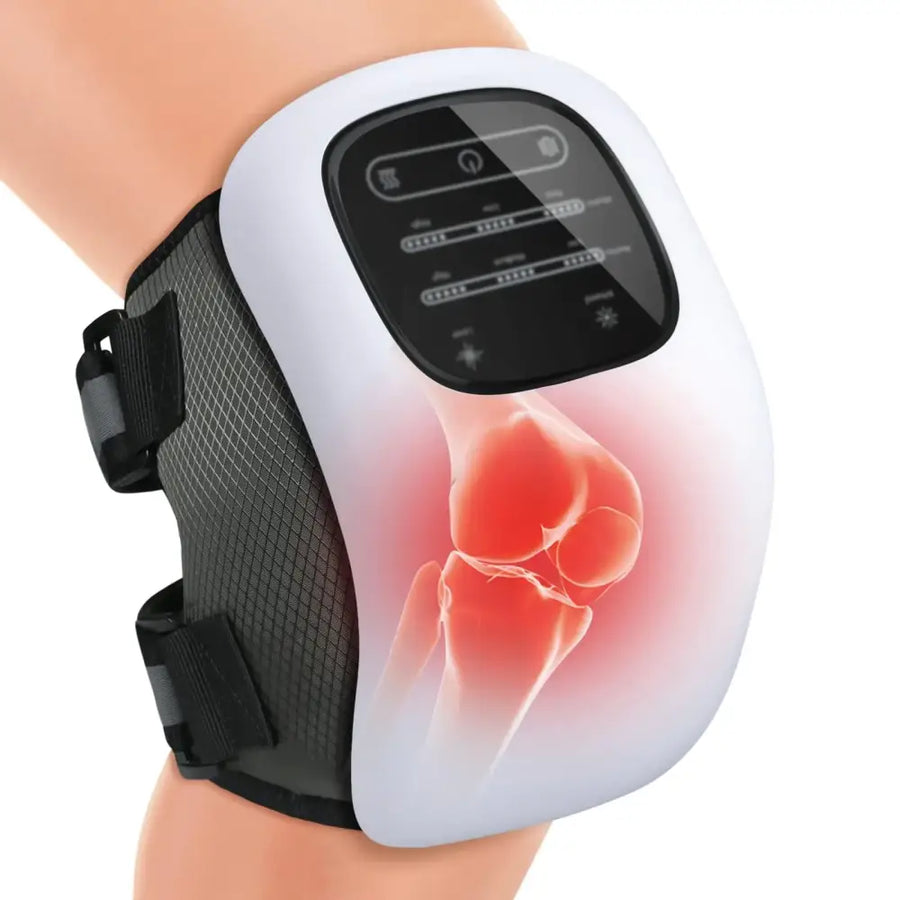 White and black knee massager with a digital control panel and mesh fabric straps.
