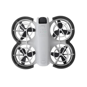 White and black quadcopter drone with four propellers, each enclosed in a protective frame.