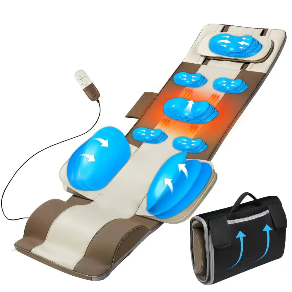 Beige and brown massage mat with blue gel rollers for targeted back, leg, and foot relief.