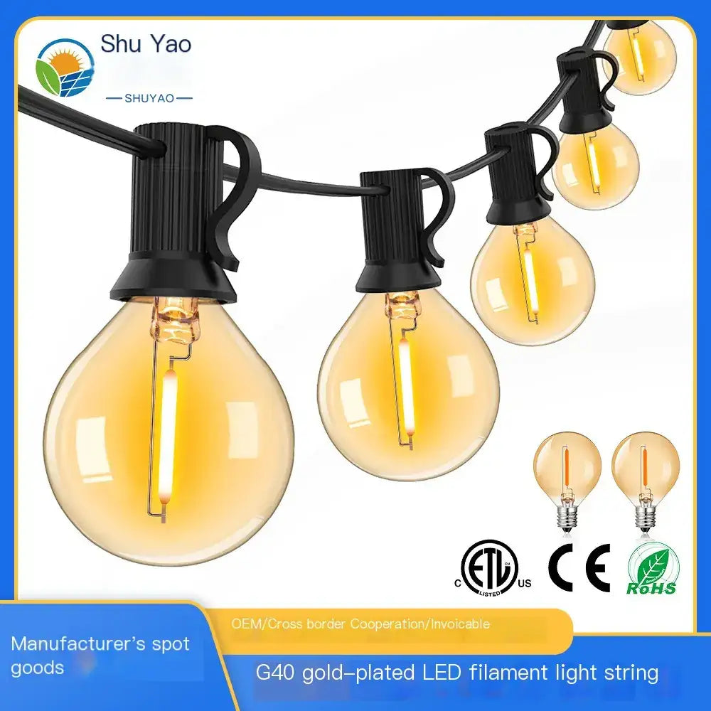 G40 gold-plated led filament light string with warm amber glass bulbs and black plastic clips.