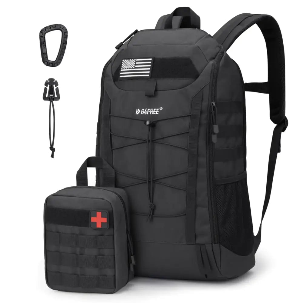 Black tactical backpack with american flag patch and molle webbing, accompanied by a matching first aid kit.