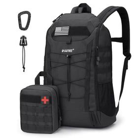 Black tactical backpack with american flag patch and molle webbing, accompanied by a matching first aid kit.