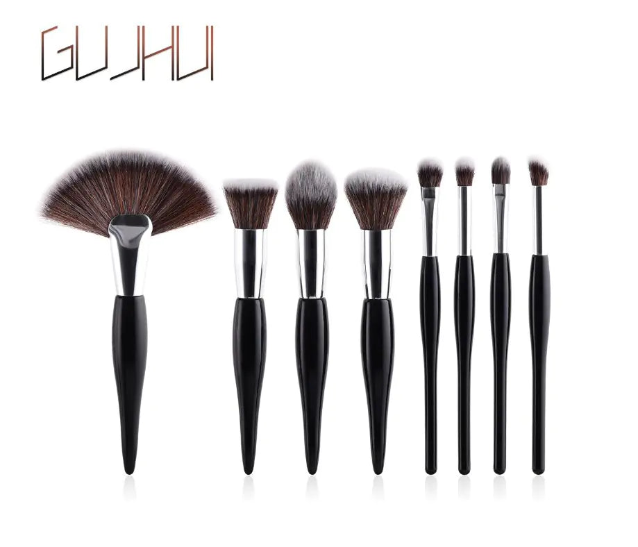 8-Piece Makeup Brush Set with Black Handle and Silver Tubes - Joomcy