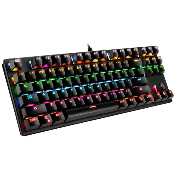 Black mechanical keyboard with rgb backlighting and a sleek, modern design.
