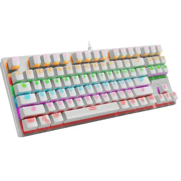 A white mechanical keyboard with colorful rgb backlighting on the keys.