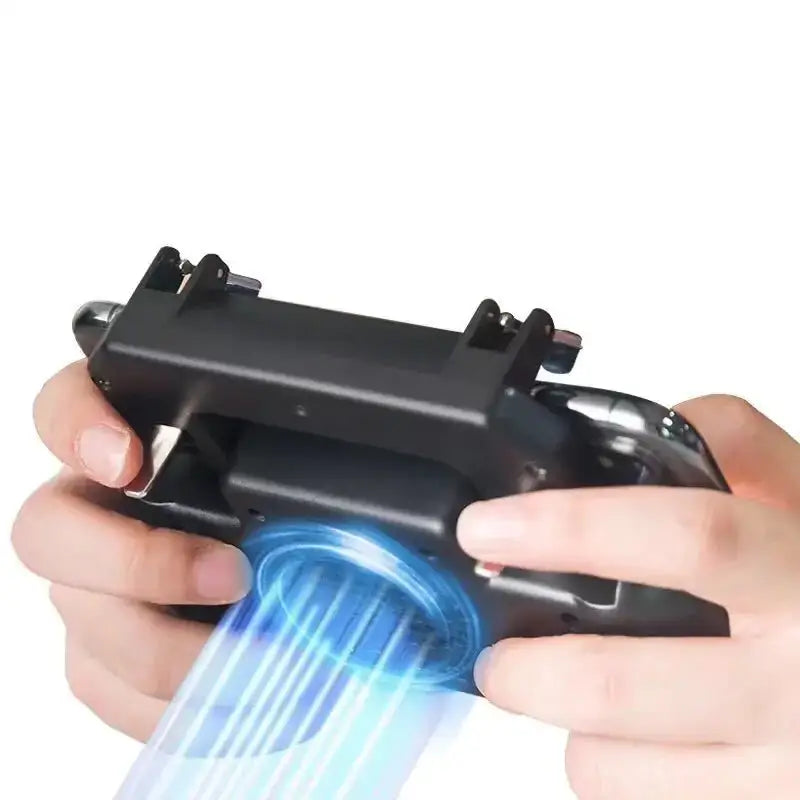 Black gaming controller with built-in cooling fan emitting blue light