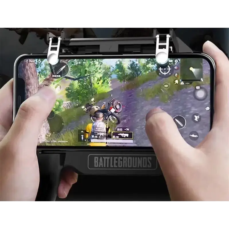 Black plastic phone grip with ’battlegrounds’ branding and white clip attachments.