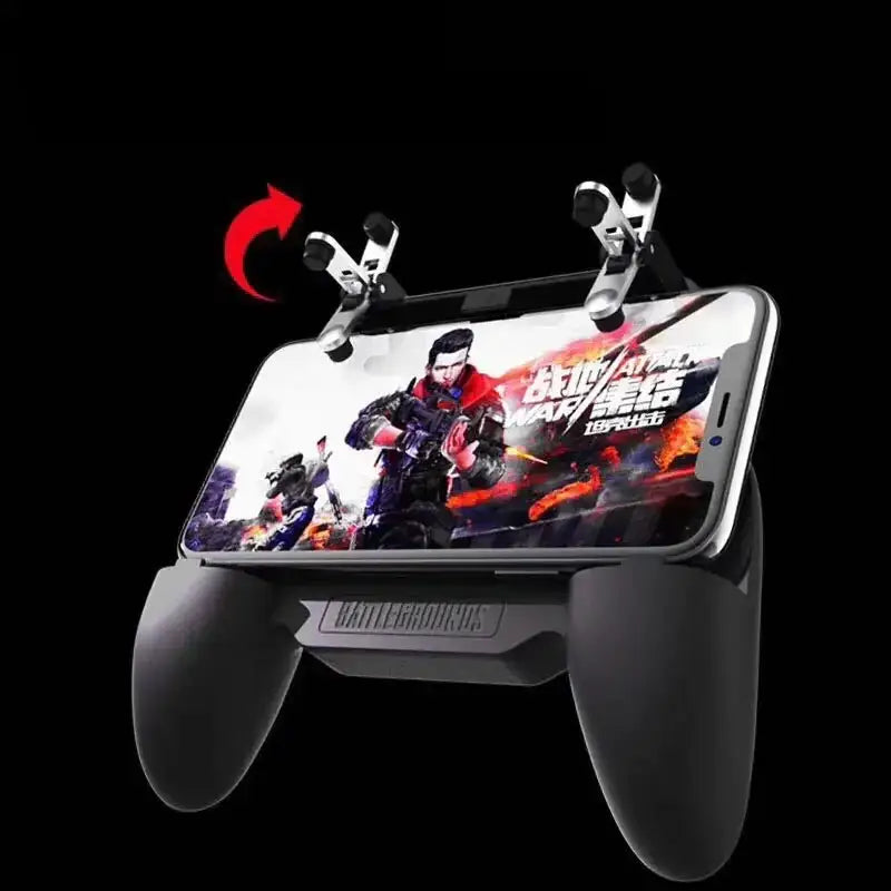 Black plastic game controller attachment for smartphones, featuring ergonomic grips and clip-on triggers.