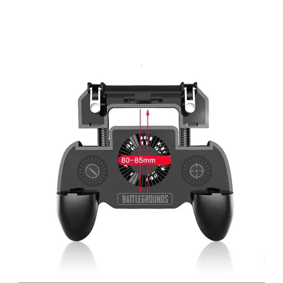 Black plastic gaming controller grip with integrated adjustable trigger and a central fan for cooling, branded ’battlegrounds’ on the front.