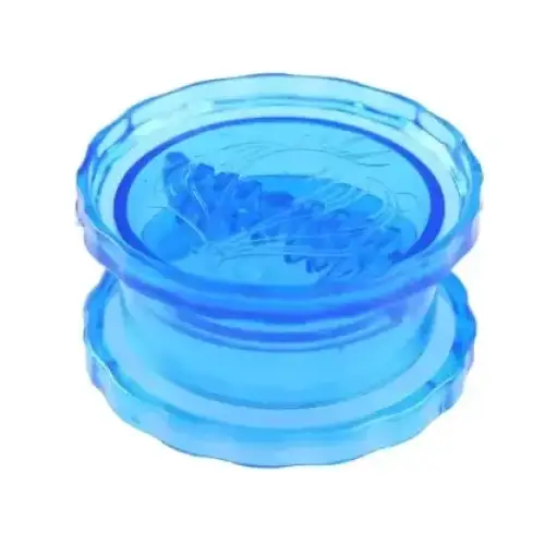 A translucent blue plastic container with a scalloped rim and embossed leaf design.