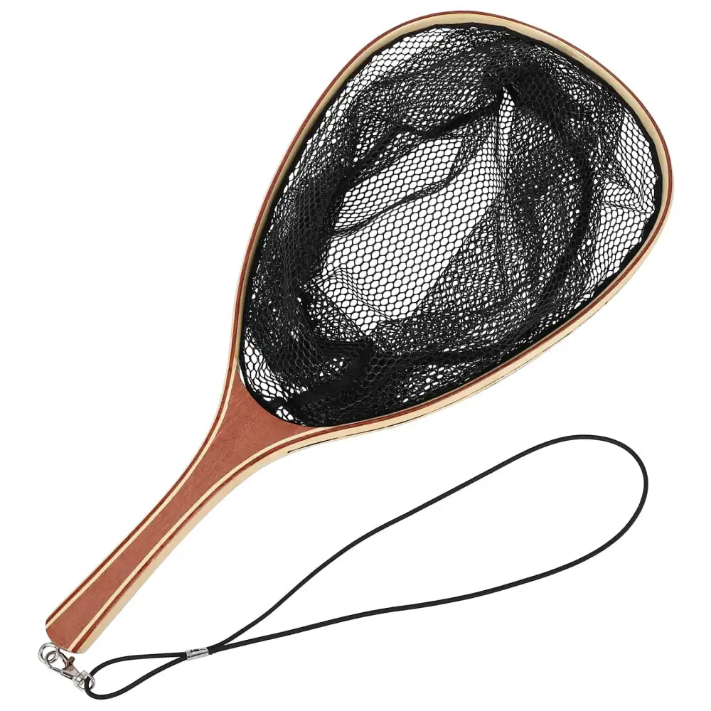 A sleek, rose-gold framed fishing net with a black mesh and an attached black lanyard.