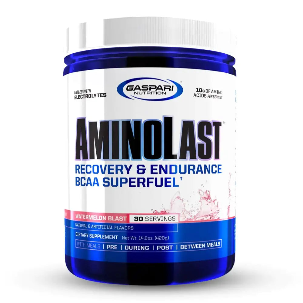 Blue translucent plastic container with white lid and label, featuring gaspari nutrition’s aminolast bcaa superfuel in watermelon blast flavor.