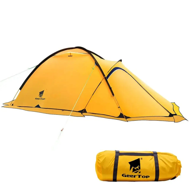 Bright yellow geertop two-person tent with black trim and a matching carry bag.