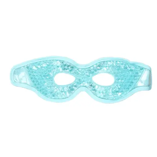 A translucent light blue gel-filled eye mask with a textured, glittery surface and soft silicone edges.