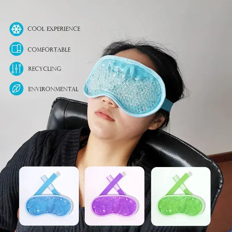 Light blue gel-filled cooling eye mask with a soft silicone frame and adjustable strap.