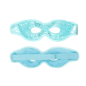 Light blue gel-filled eye mask with a clear, textured surface and adjustable strap.