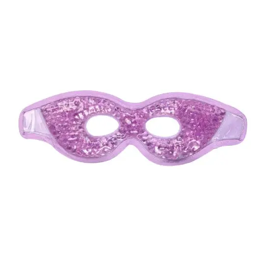 A translucent lavender gel-filled eye mask with a glittery texture and soft, curved edges.