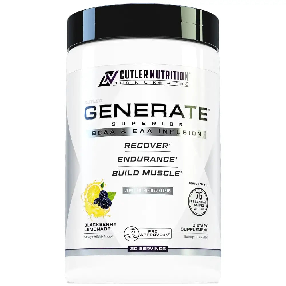 White cylindrical container with black lid, labeled ’cutler nutrition generate superior bcaa & eaa infusion’ in silver and black text.
