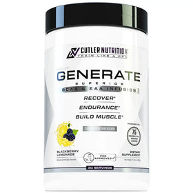 White cylindrical container with black lid, labeled ’cutler nutrition generate superior bcaa & eaa infusion’ in silver and black text.