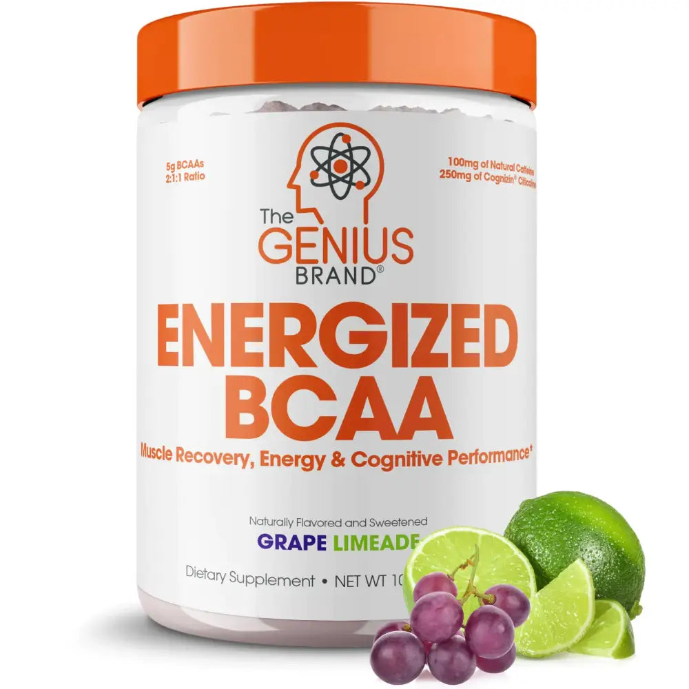 The genius brand energized bcaa dietary supplement in a white jar with an orange lid and label, featuring grape limeade flavoring.