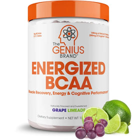 The genius brand energized bcaa dietary supplement in a white jar with an orange lid and label, featuring grape limeade flavoring.