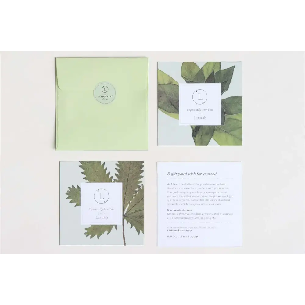 Light green paper envelope with a circular silver sticker bearing the brand name ’lizush’ and its logo.