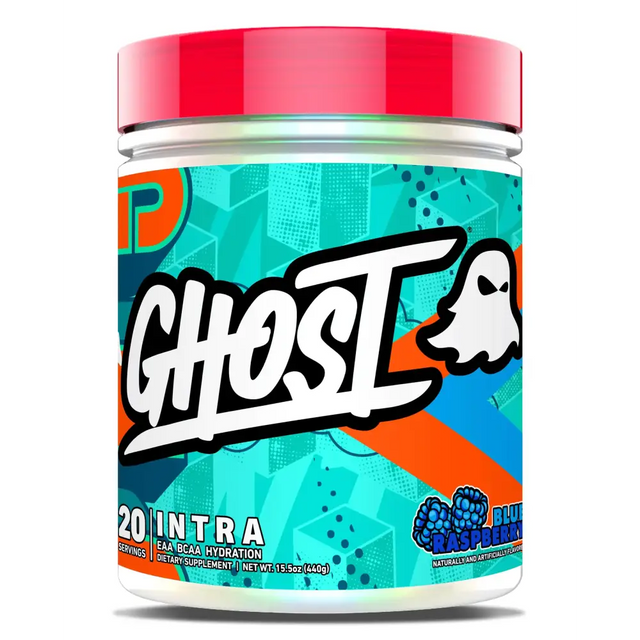 Ghost brand blue raspberry flavored eaa bcaa hydration powder in a clear jar with a red lid and vibrant teal, orange, and black label design.