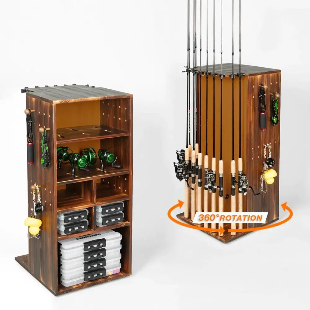 Dark wood fishing gear storage unit with rotating vertical rod holder and shelved compartments for reels and tackle boxes