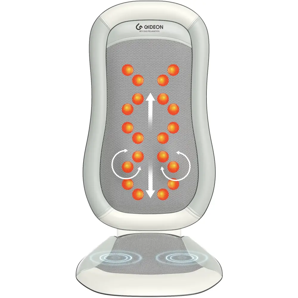 White gideon massage chair cushion with orange circular nodes and mesh fabric.