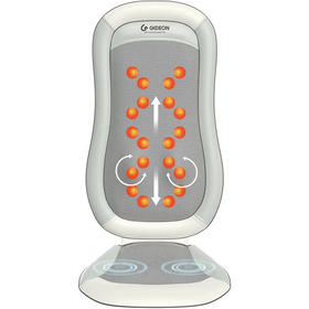 White gideon massage chair cushion with orange circular nodes and mesh fabric.