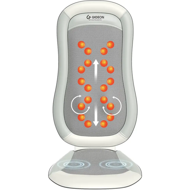 White gideon massage chair cushion with orange circular nodes and mesh fabric.