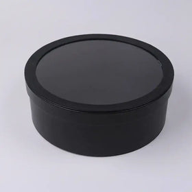 Black round gift box with a smooth, glossy finish and a matching lid.