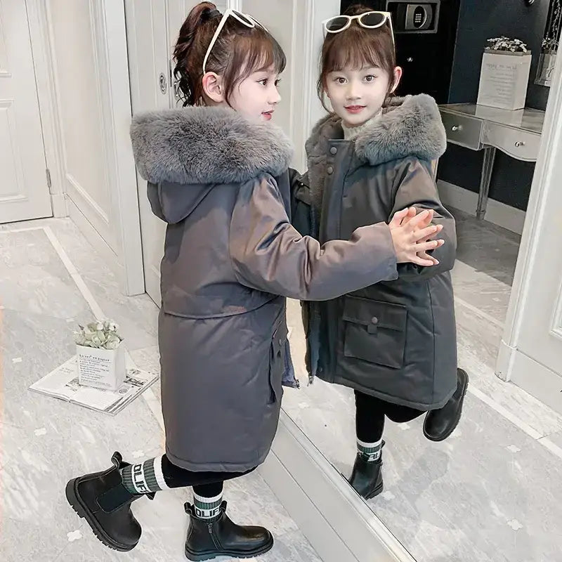 Girls' Hooded Fleece Lined Padded Cotton Coat