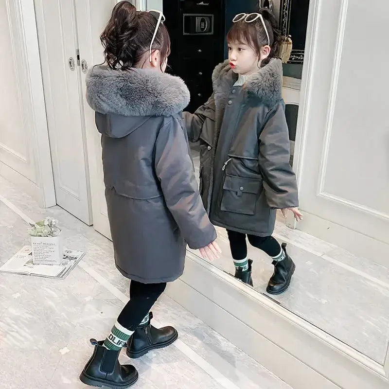 Girls' Hooded Fleece Lined Padded Cotton Coat