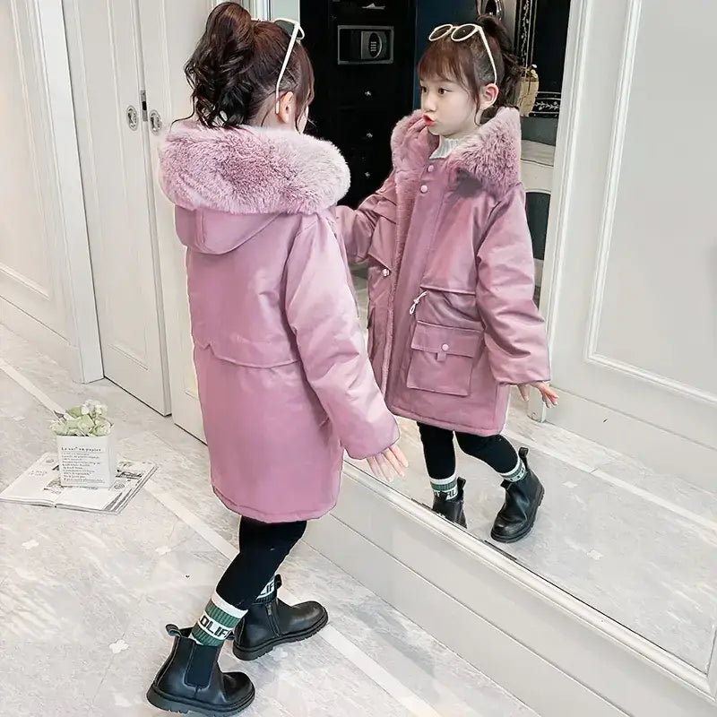 Girls' Hooded Fleece Lined Padded Cotton Coat