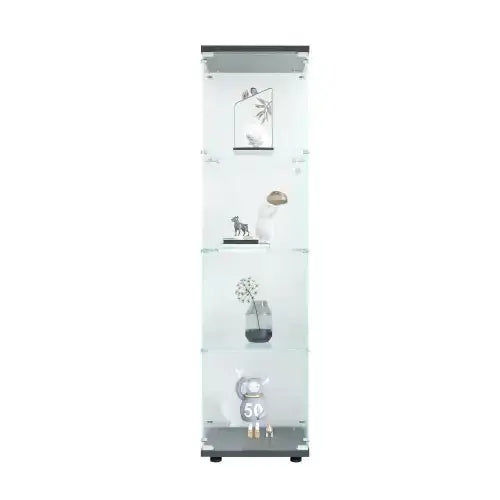 Modern glass display cabinet with sleek black frame and transparent shelves, showcasing decorative items.