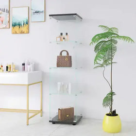 A sleek, modern glass display shelf with a black metal frame and four transparent shelves.