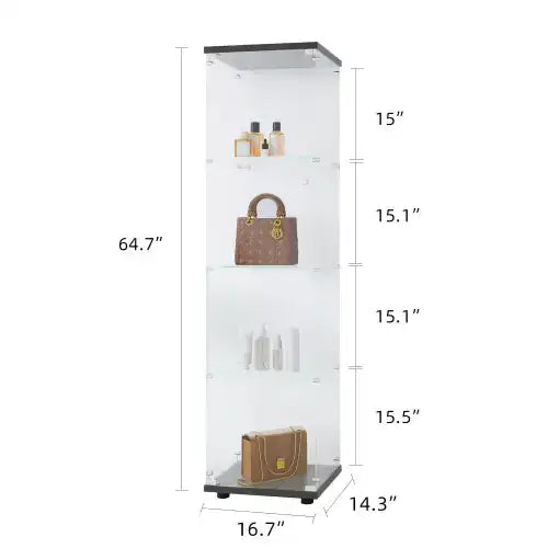 Tall, transparent acrylic display case with black top and bottom frames.