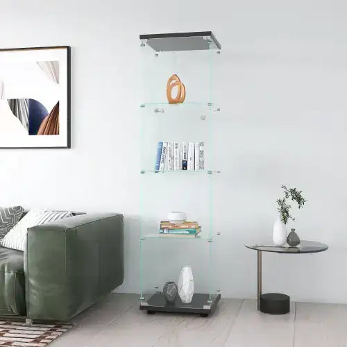 Modern glass display cabinet with sleek black metal frame and transparent shelves.